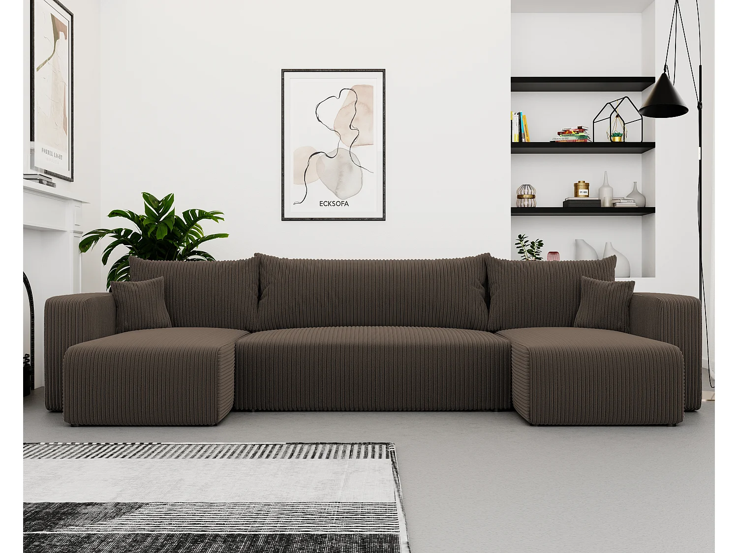 Canapé d'angle Piano U fonction couchage, et tissu Marron