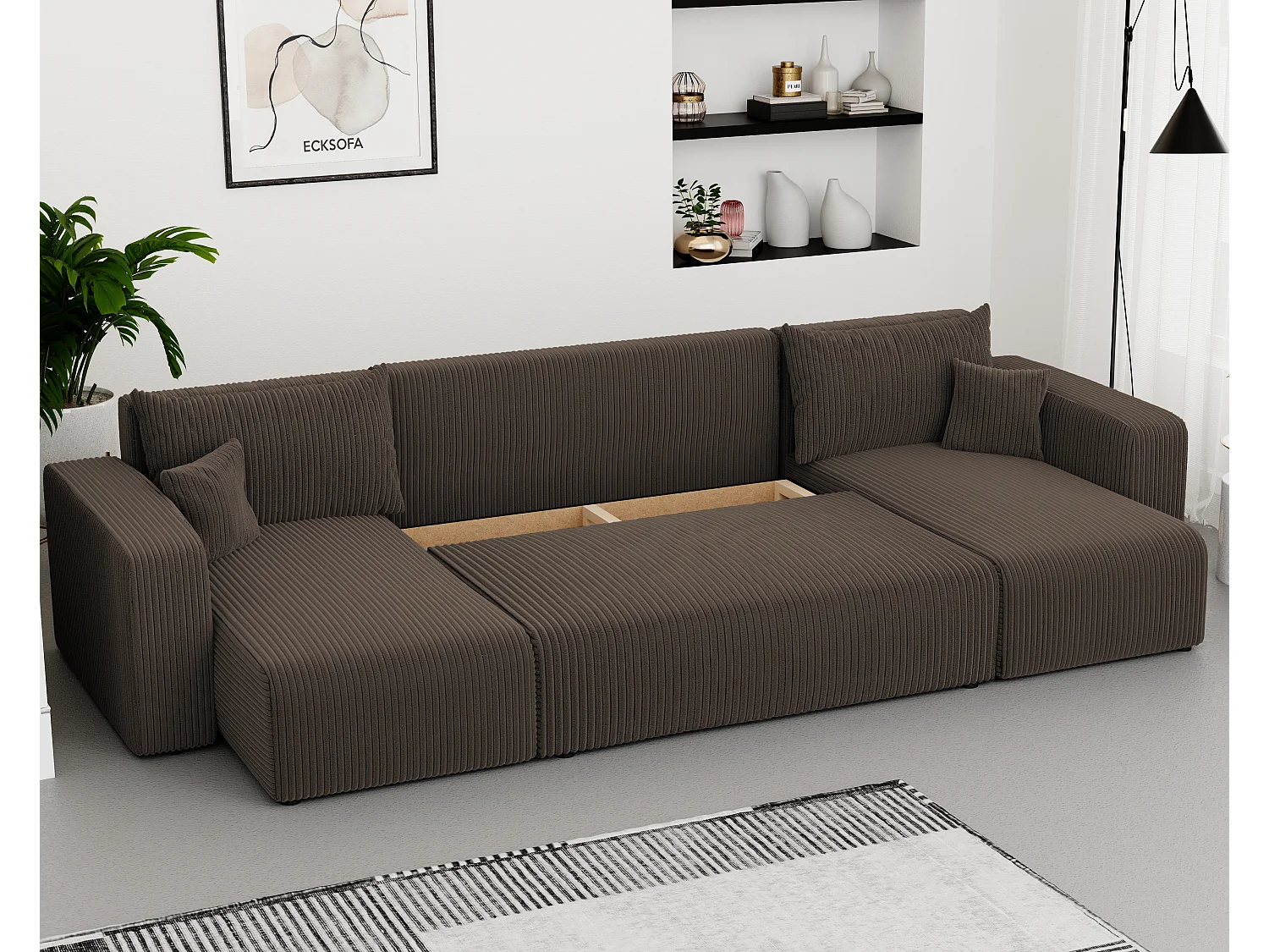 Canapé d'angle Piano U fonction couchage, et tissu Marron