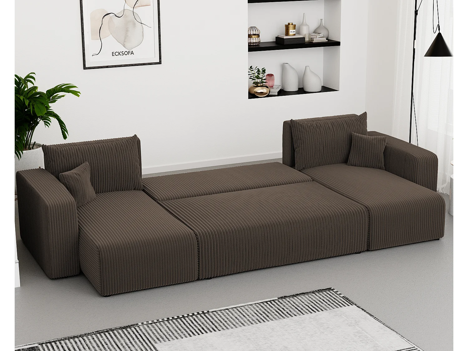 Canapé d'angle Piano U fonction couchage, et tissu Marron