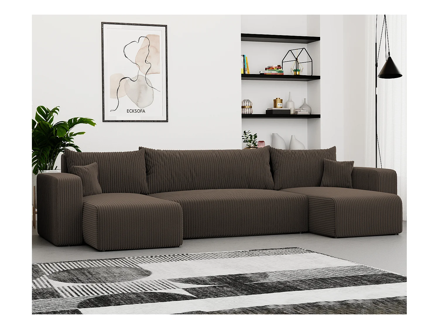 Canapé d'angle Piano U fonction couchage, et tissu Marron