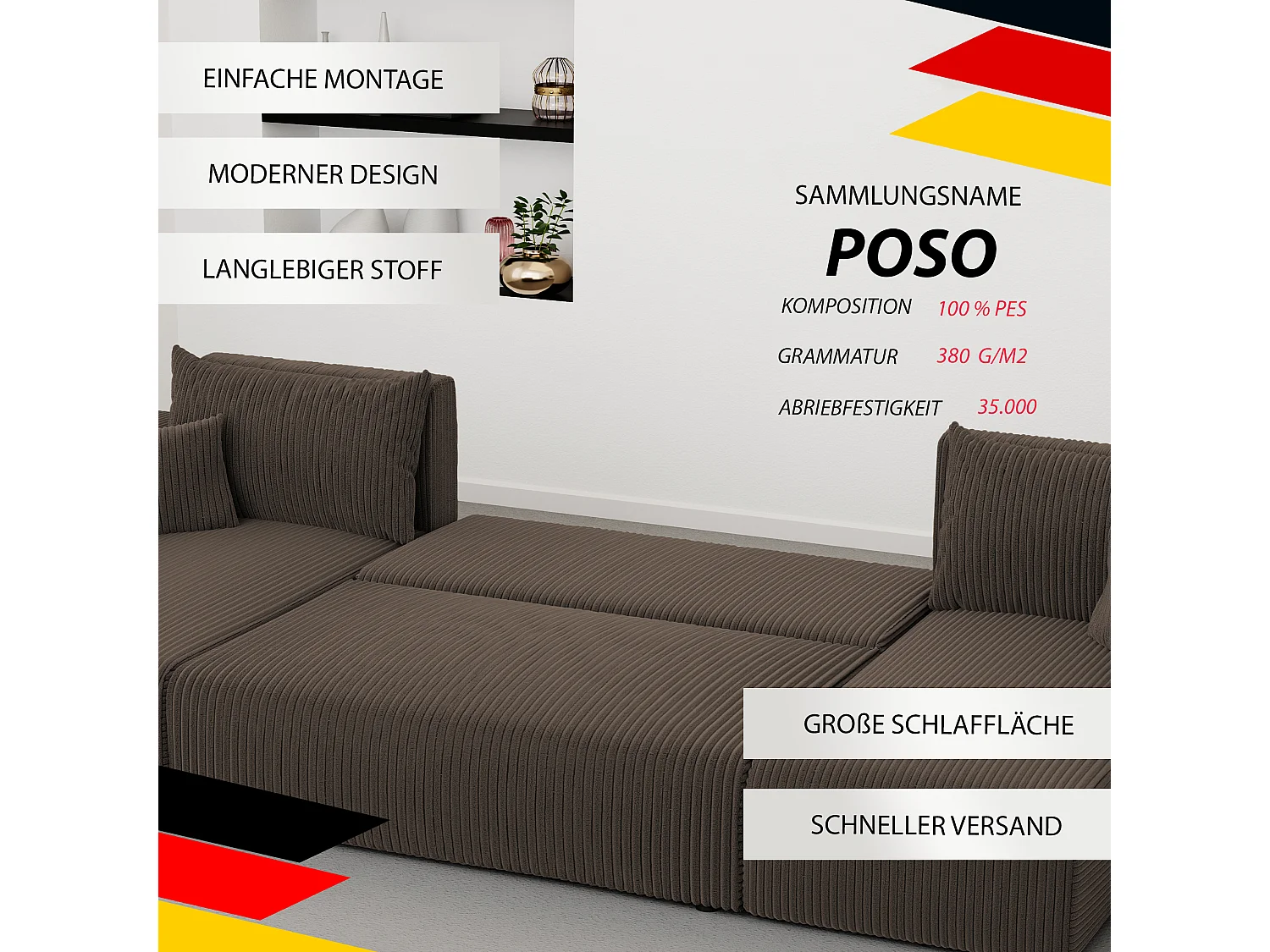 Hoekslaapbank Piano U-functie, en bruine stoffen