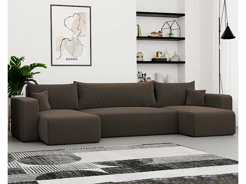 Canapé d'angle Piano U fonction couchage, et tissu Marron