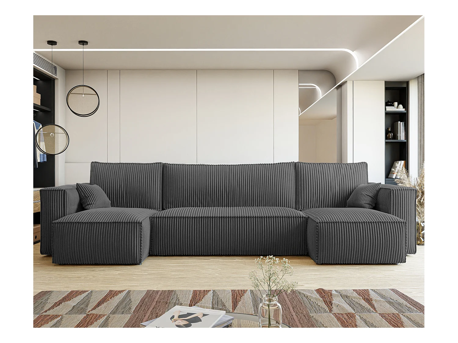 Canapé d'angle Paris U fonction couchage, et tissu Gris foncé