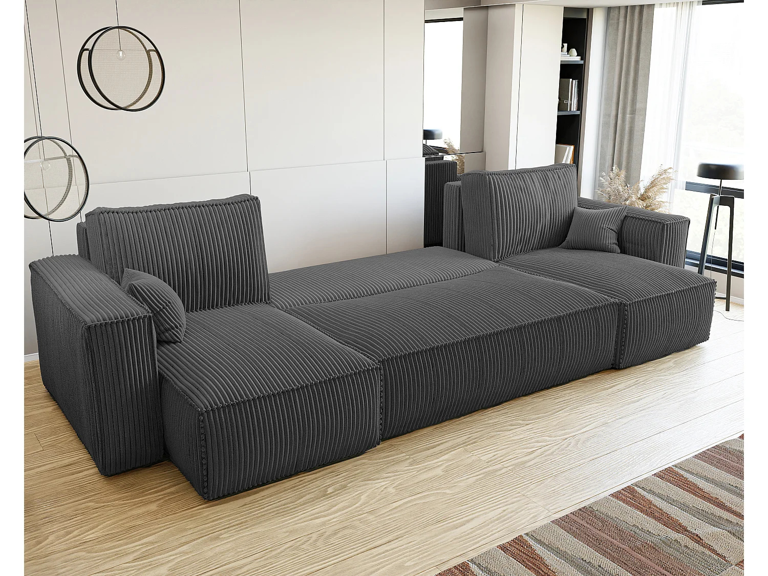 Ecksofa Paris U mit Schlaffunktion und dunkelgrauem Stoff.