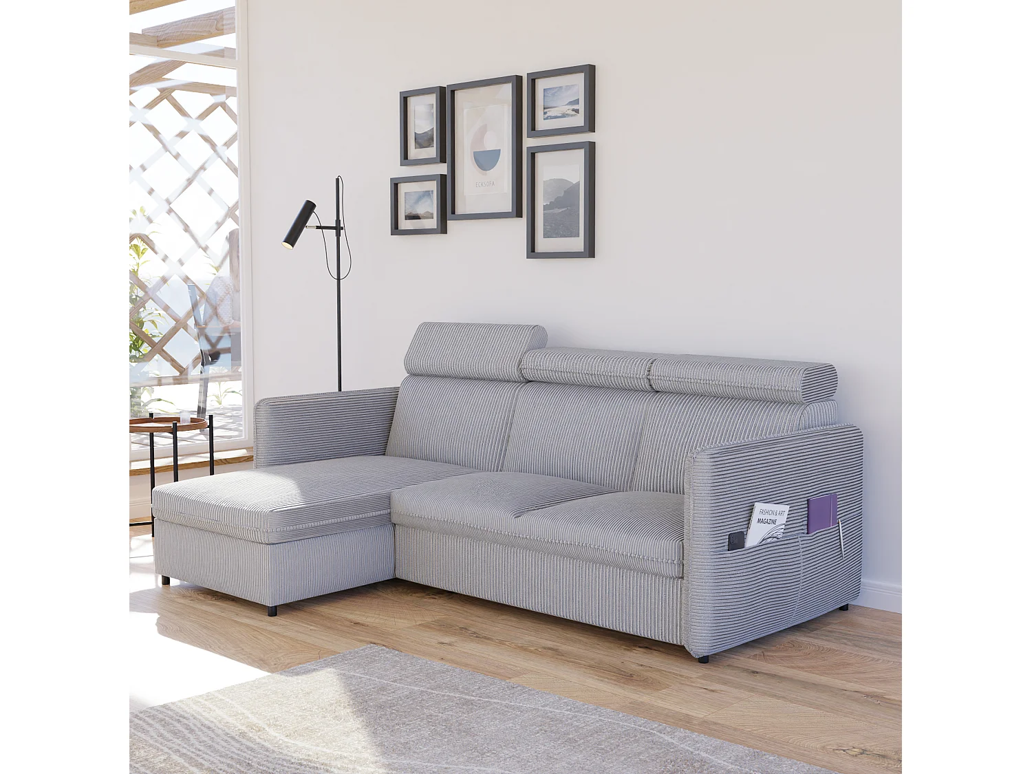 Canapé d'angle Beni réversible convertible en tissu Gris