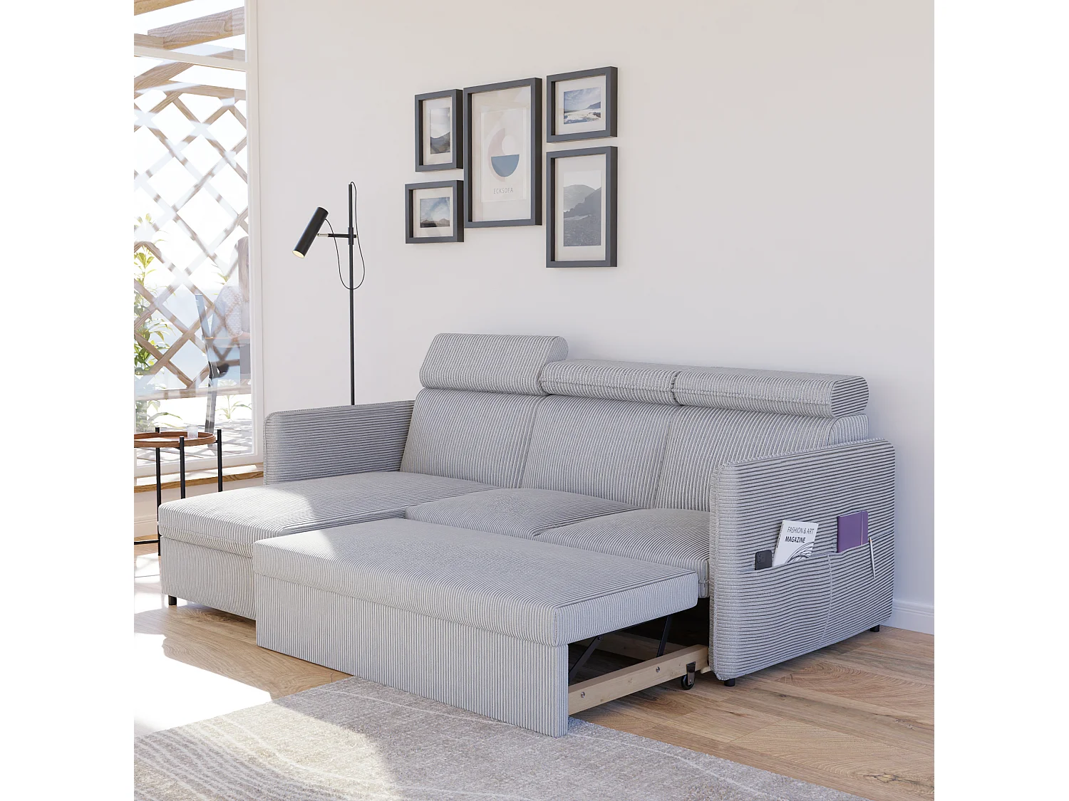 Canapé d'angle Beni réversible convertible en tissu Gris
