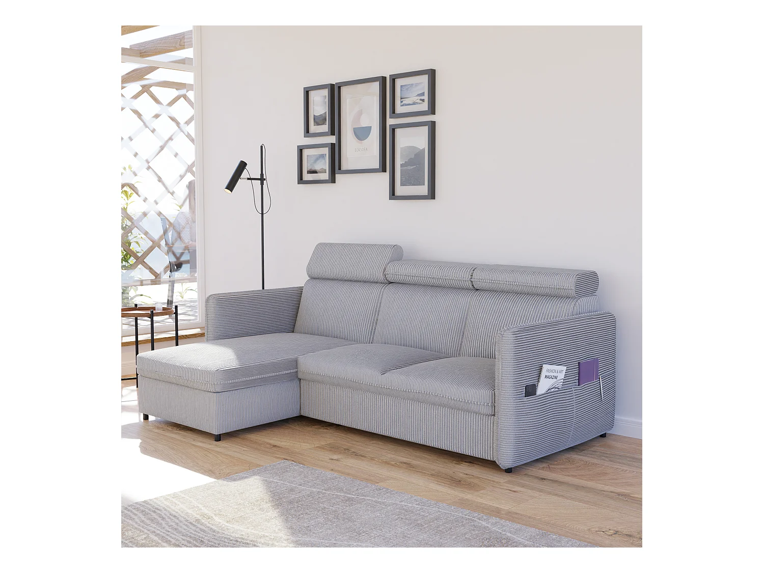 Canapé d'angle Beni réversible convertible en tissu Gris