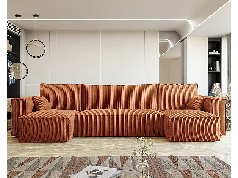 Ecksofa Paris U mit Schlaffunktion und orangefarbenem Stoff.