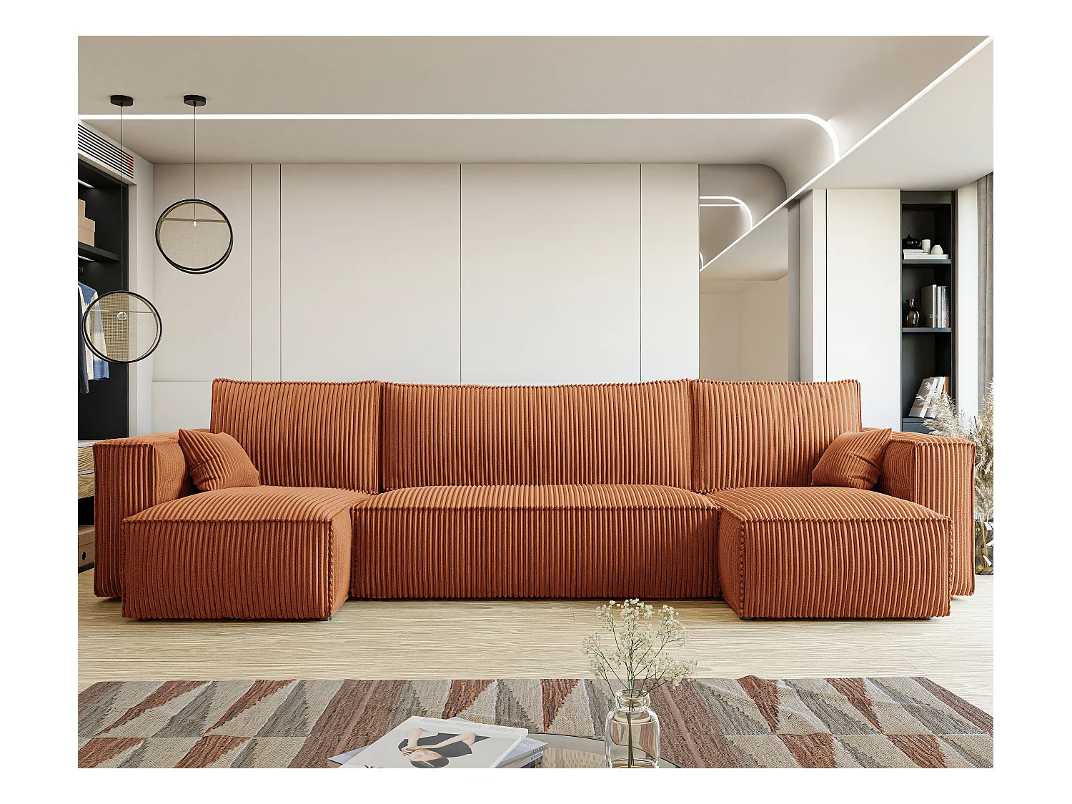 Canapé d'angle Paris U fonction couchage, et tissu Orange