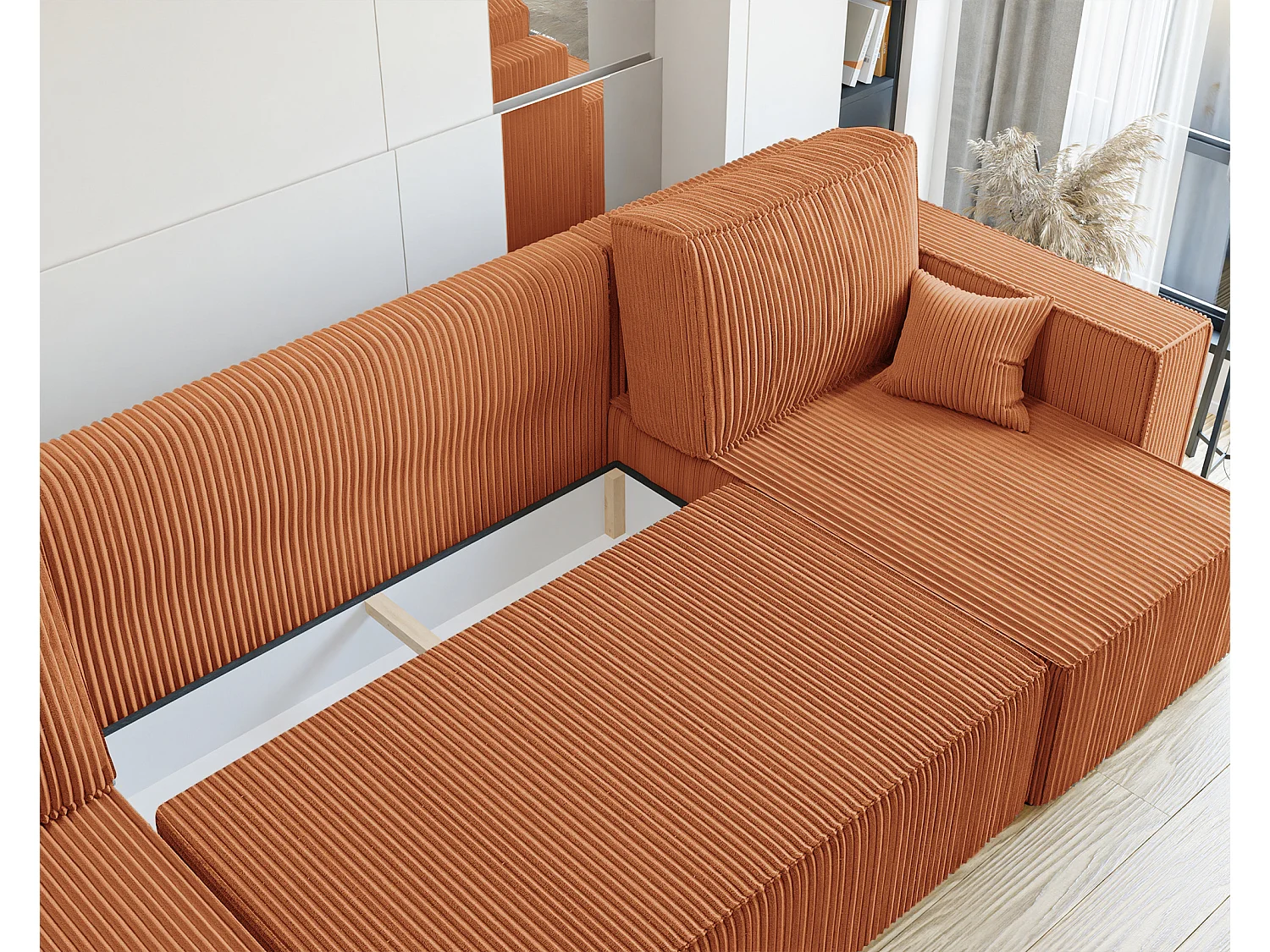 Canapé d'angle Paris U fonction couchage, et tissu Orange