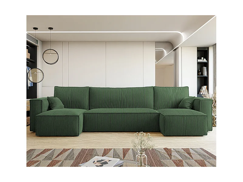 Ecksofa Paris U mit Schlaffunktion und grünem Stoff.