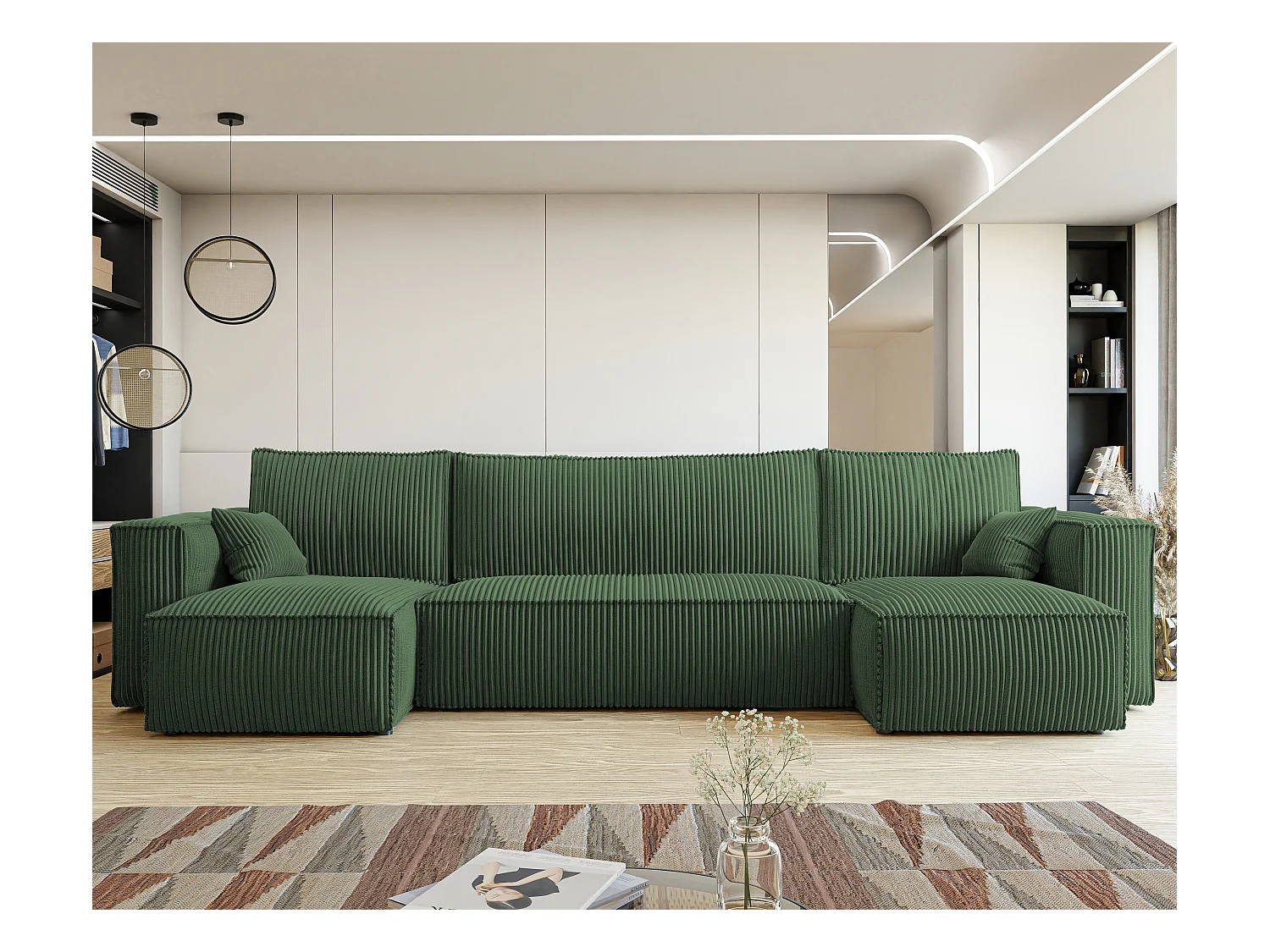 Canapé d'angle Paris U fonction couchage, et tissu Vert