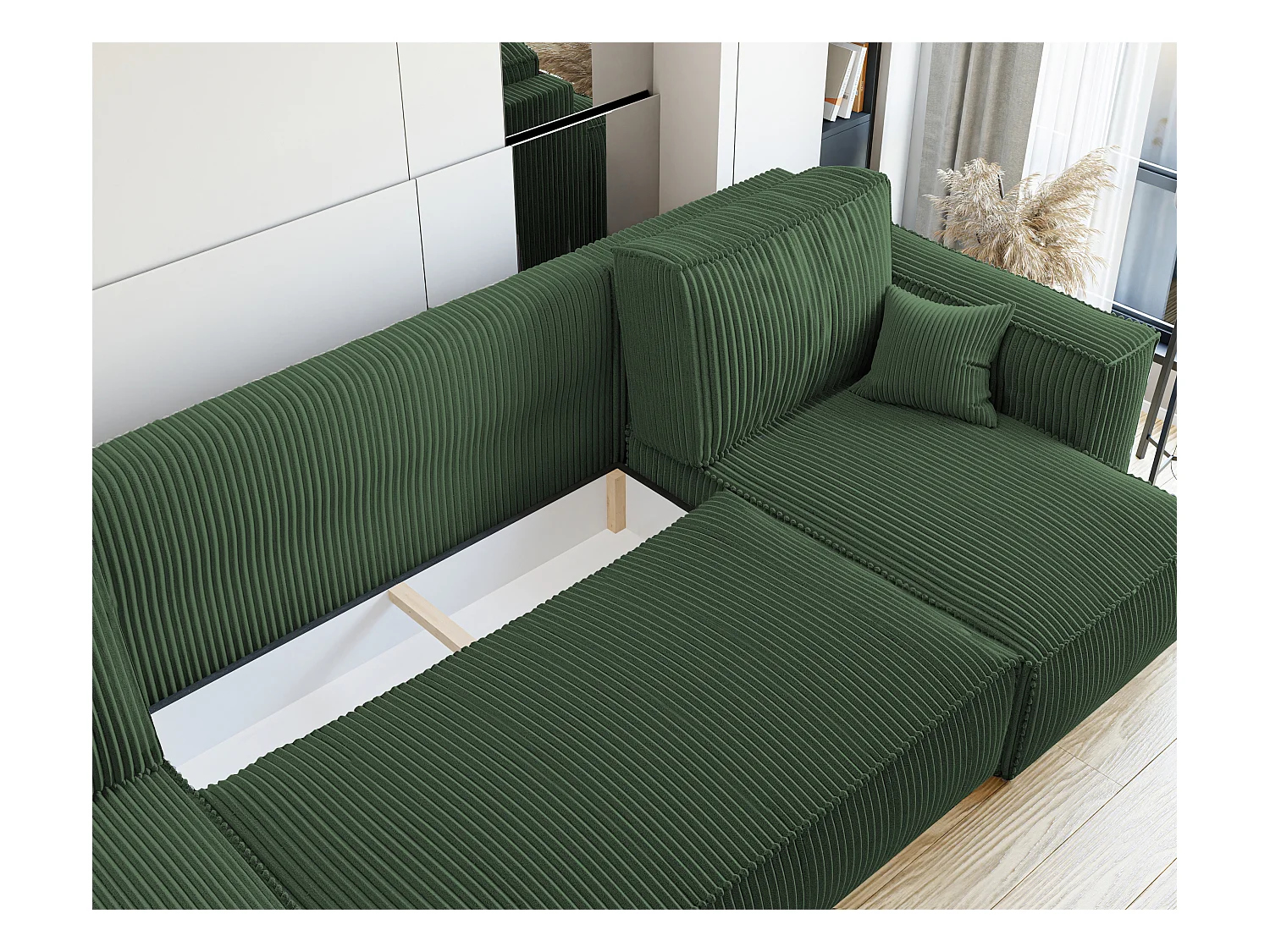 Hoekslaapbank Paris U met slaapfunctie en groene stof