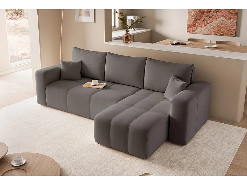 Canapé d'angle Convertible Pedro 3-Places avec Espace de Rangement en tissu Gris foncé
