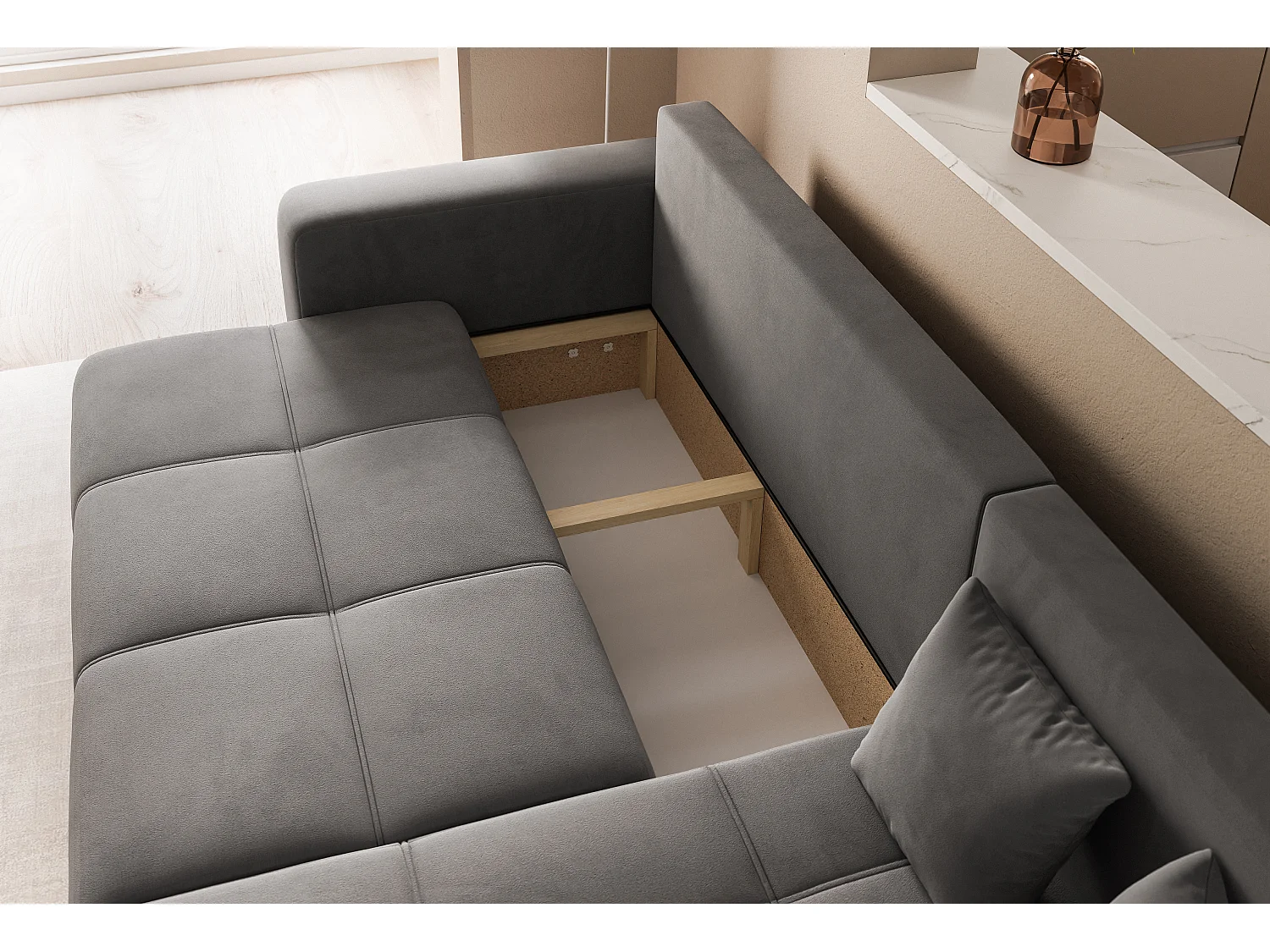Canapé d'angle Convertible Pedro 3-Places avec Espace de Rangement en tissu Gris foncé
