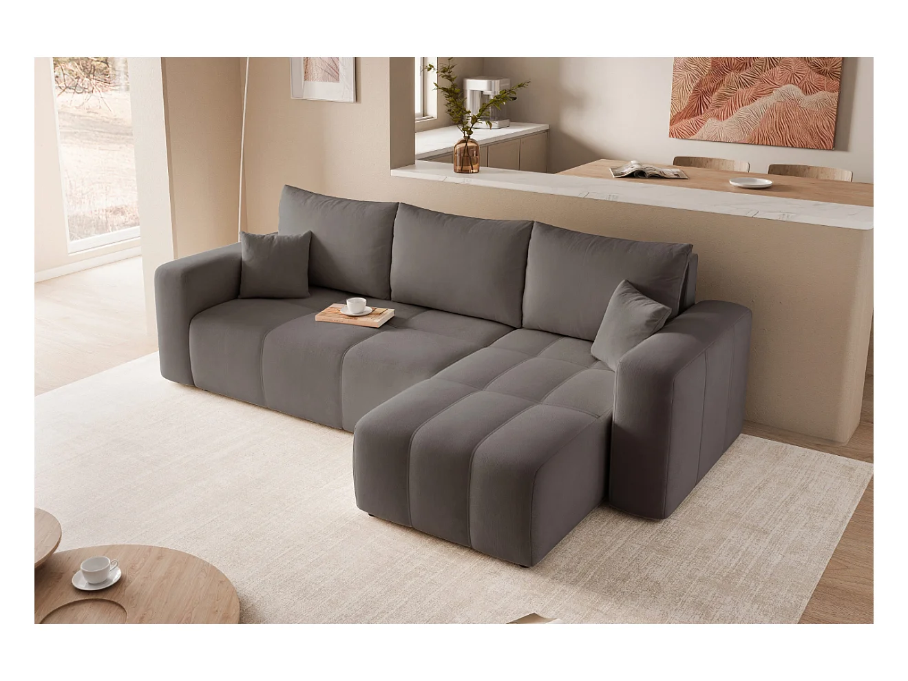 Canapé d'angle Convertible Pedro 3-Places avec Espace de Rangement en tissu Gris foncé