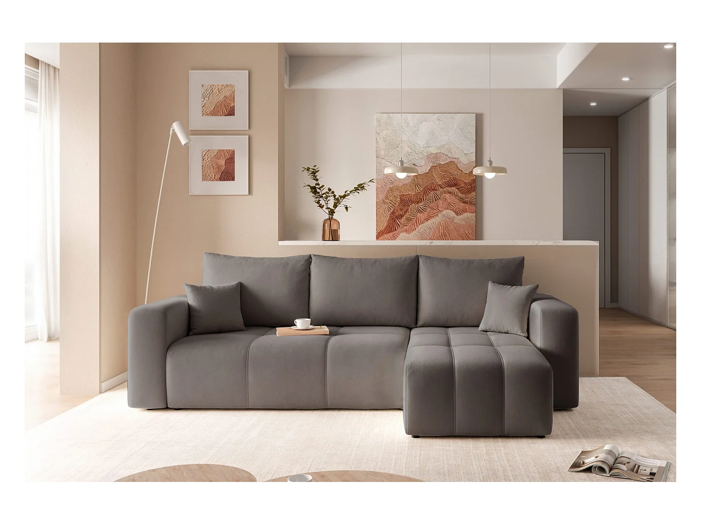 Ecksofa Pedro mit Schlaffunktion und Stauraum, 3-Sitzer, dunkelgrauer Stoff