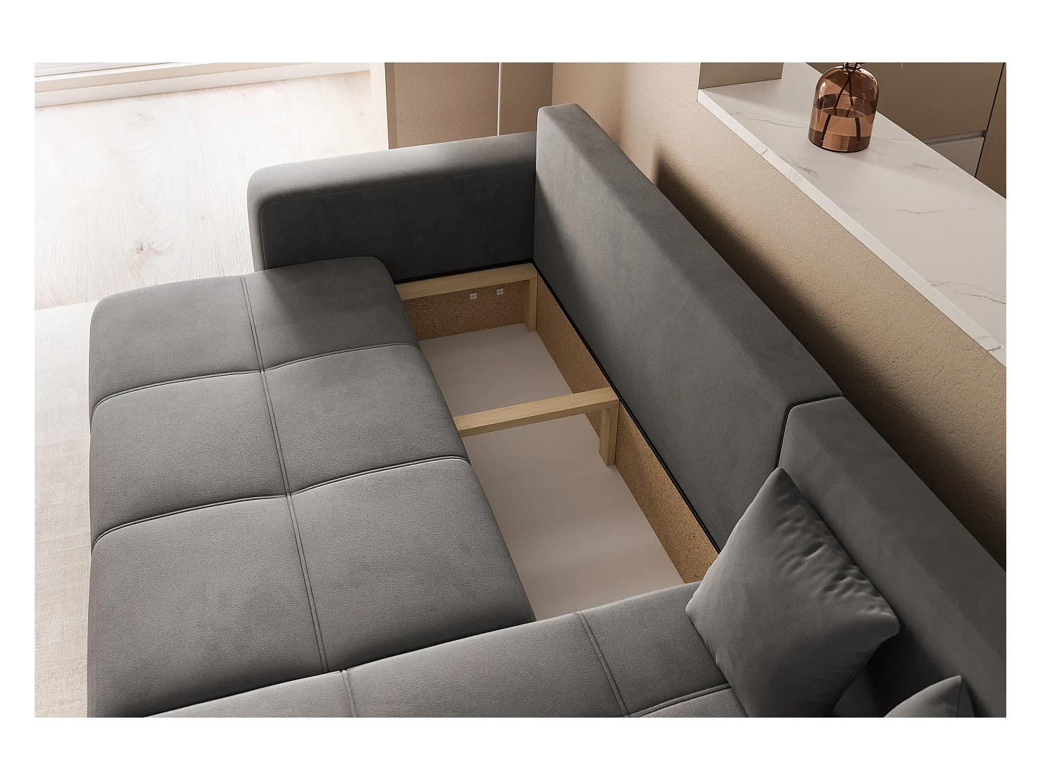 Ecksofa Pedro mit Schlaffunktion und Stauraum, 3-Sitzer, dunkelgrauer Stoff