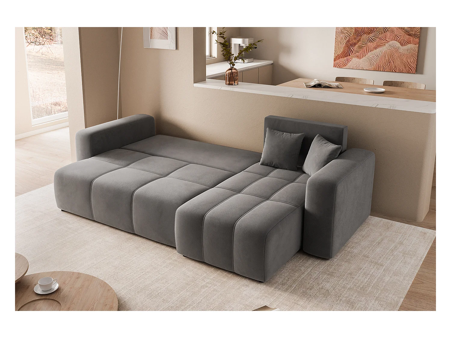 Ecksofa Pedro mit Schlaffunktion und Stauraum, 3-Sitzer, dunkelgrauer Stoff