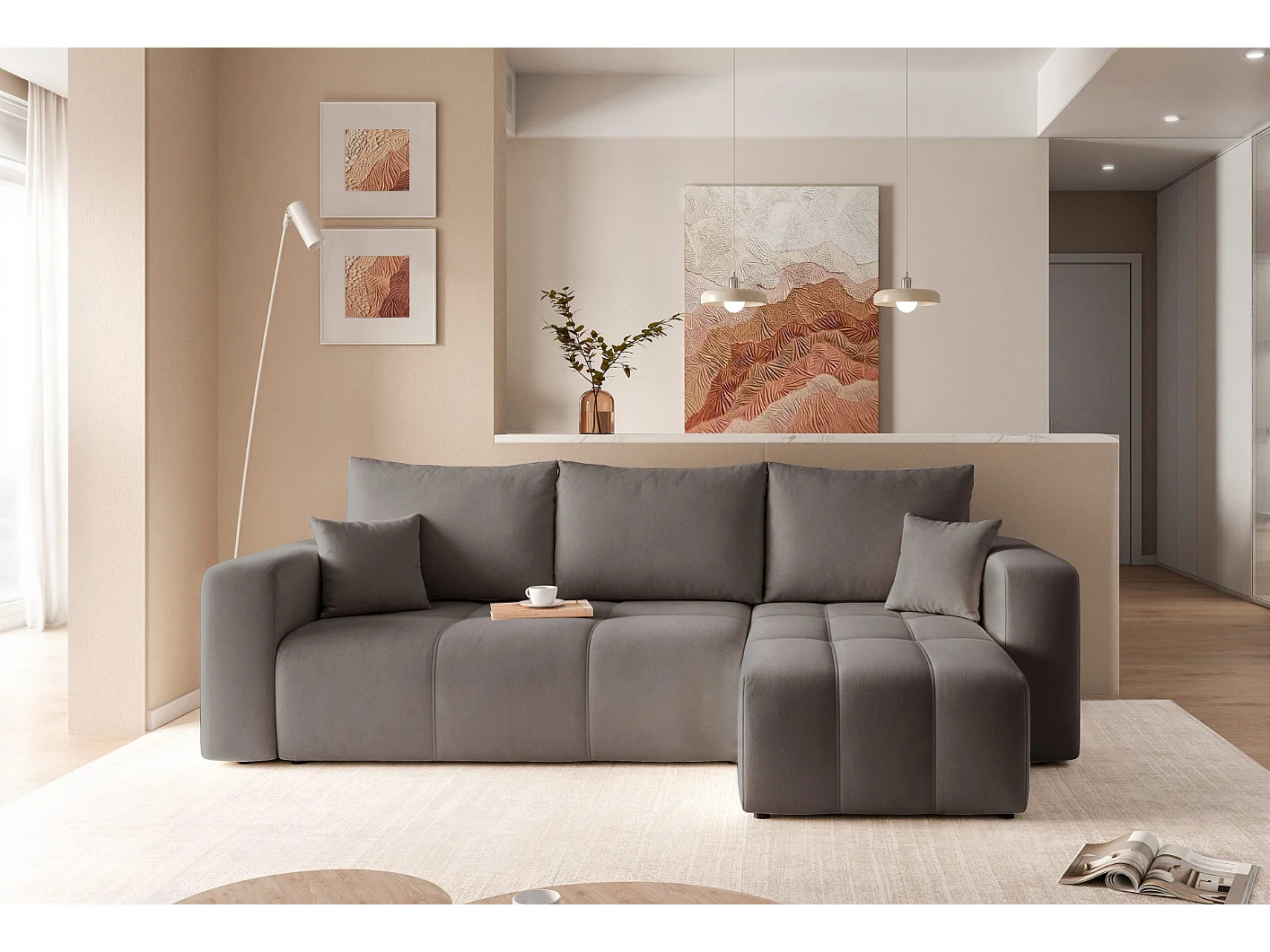 Ecksofa Pedro mit Schlaffunktion und Stauraum, 3-Sitzer, dunkelgrauer Stoff