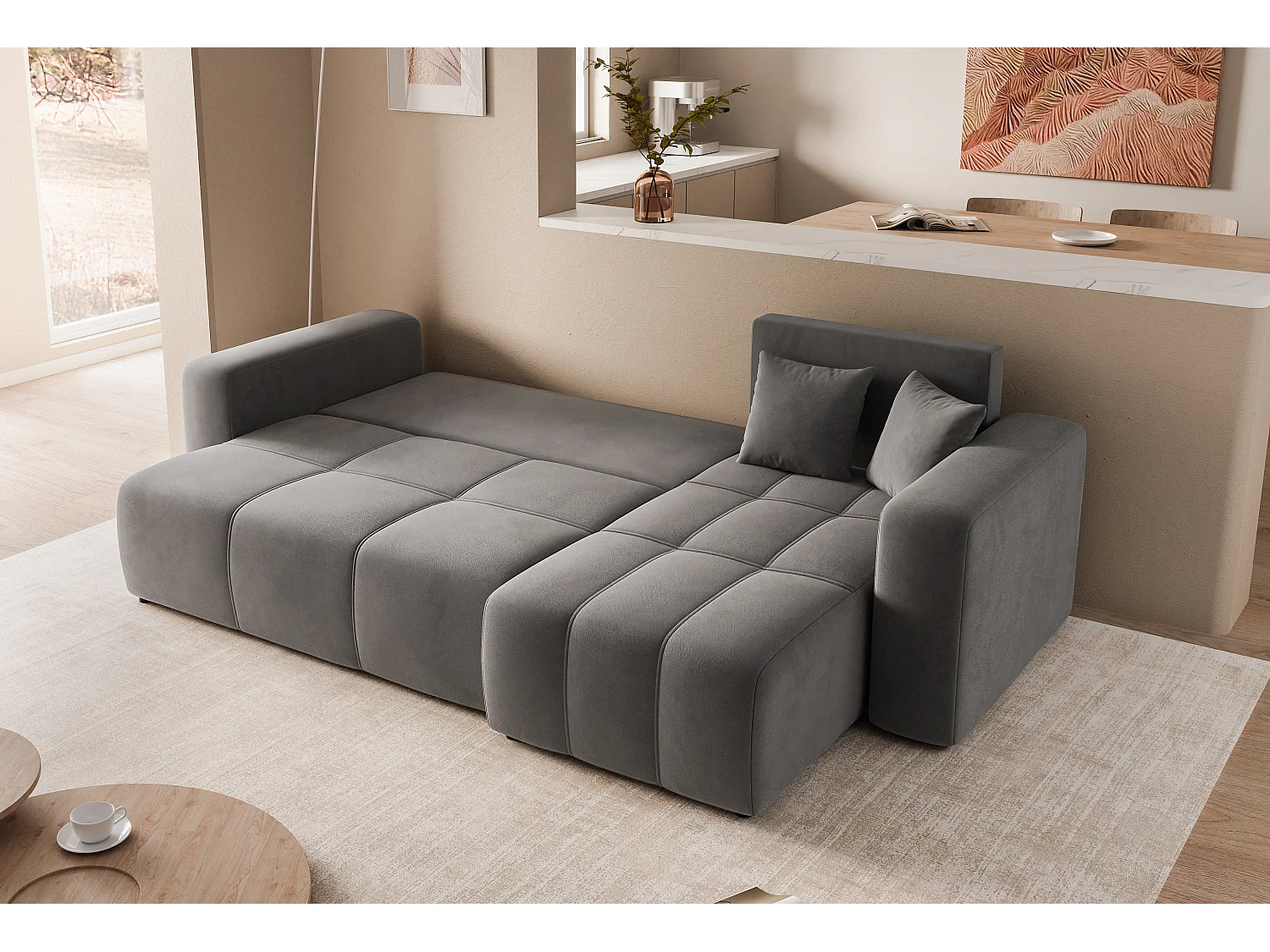 Ecksofa Pedro mit Schlaffunktion und Stauraum, 3-Sitzer, dunkelgrauer Stoff