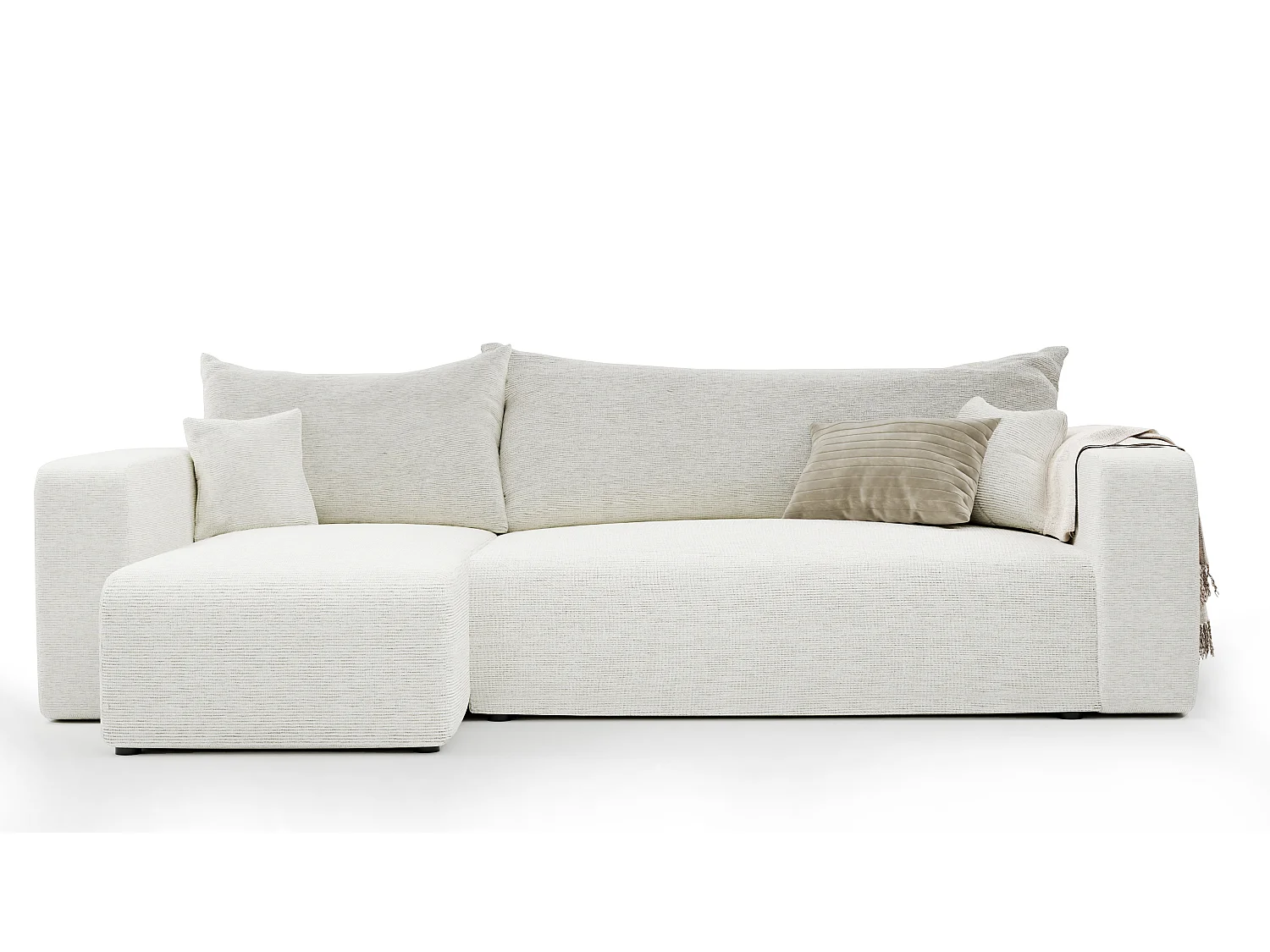 Ecksofa Piano in Beige aus Stoff umwandelbar.