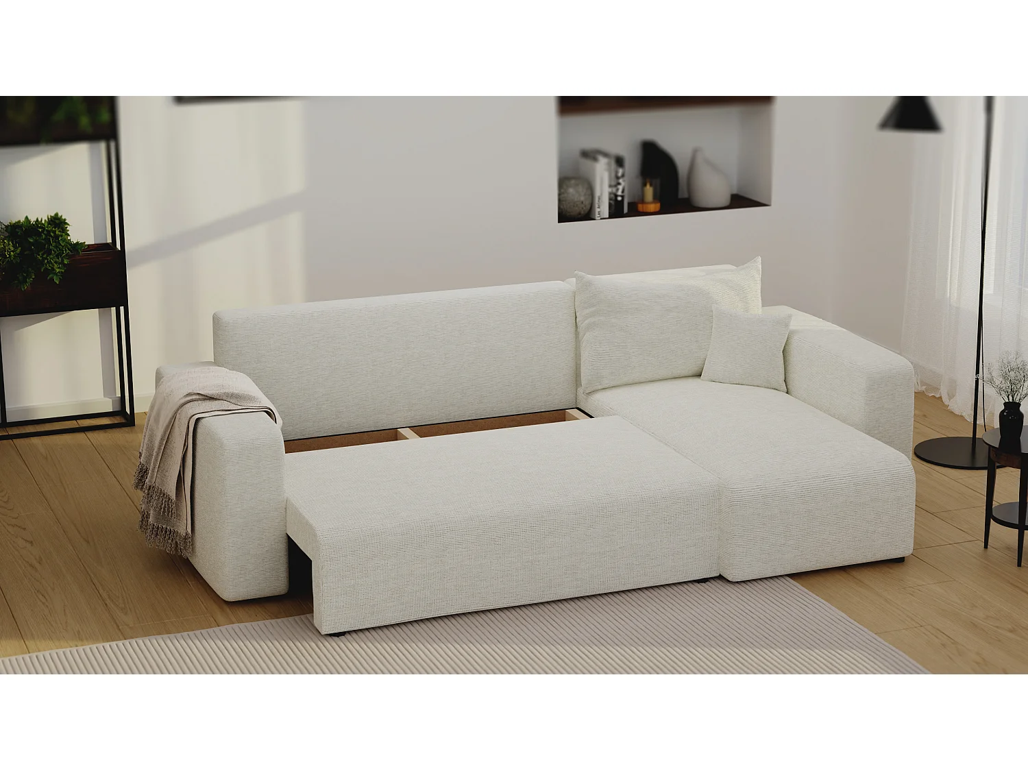 Ecksofa Piano in Beige aus Stoff umwandelbar.