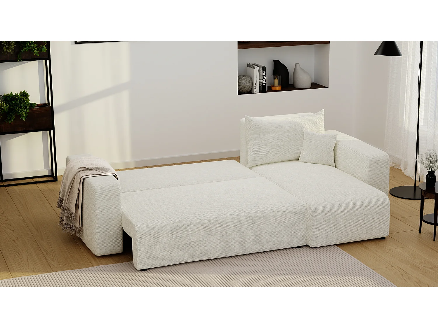 Ecksofa Piano in Beige aus Stoff umwandelbar.