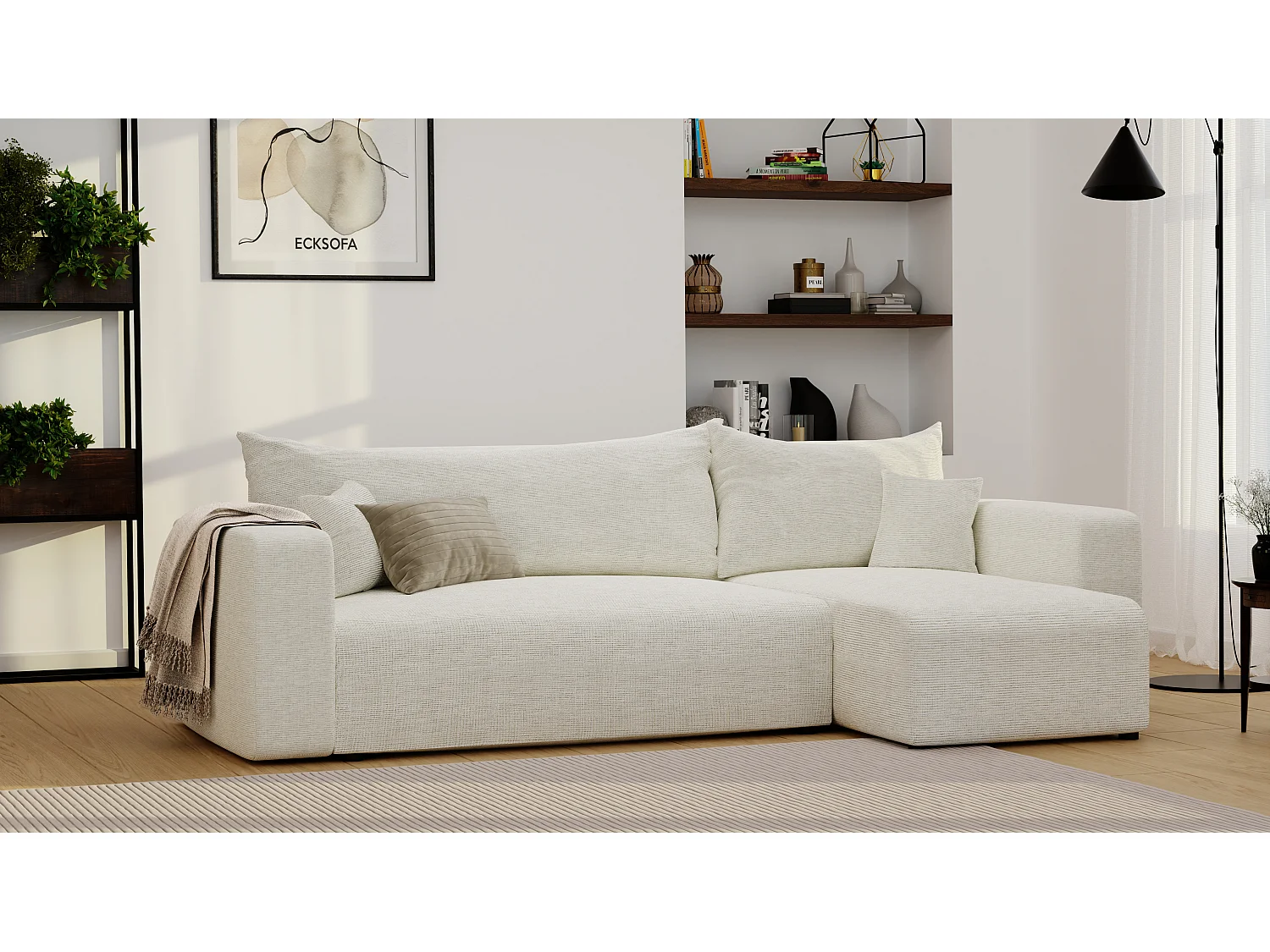 Ecksofa Piano in Beige aus Stoff umwandelbar.