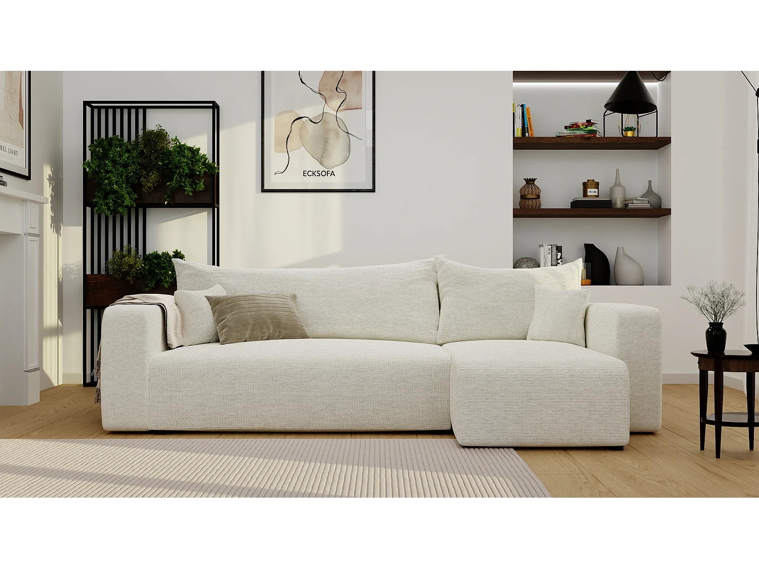 Ecksofa Piano in Beige aus Stoff umwandelbar.
