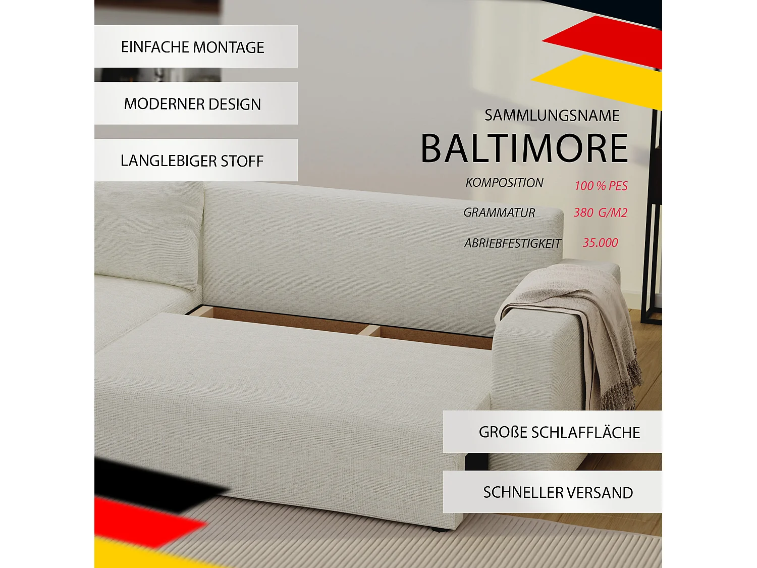 Ecksofa Piano in Beige aus Stoff umwandelbar.