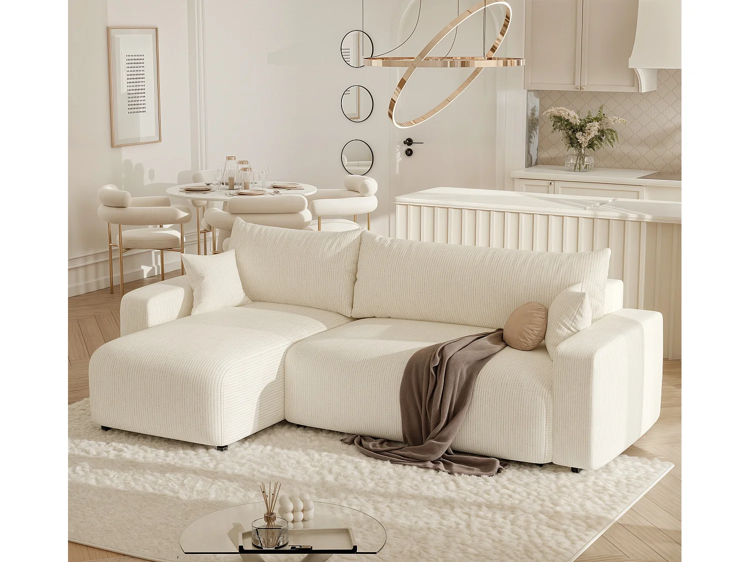 Ecksofa Piano in Beige aus Stoff umwandelbar.