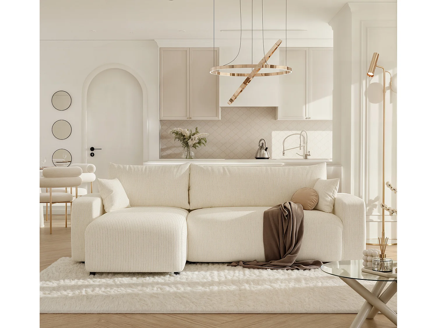 Ecksofa Piano in Beige aus Stoff umwandelbar.