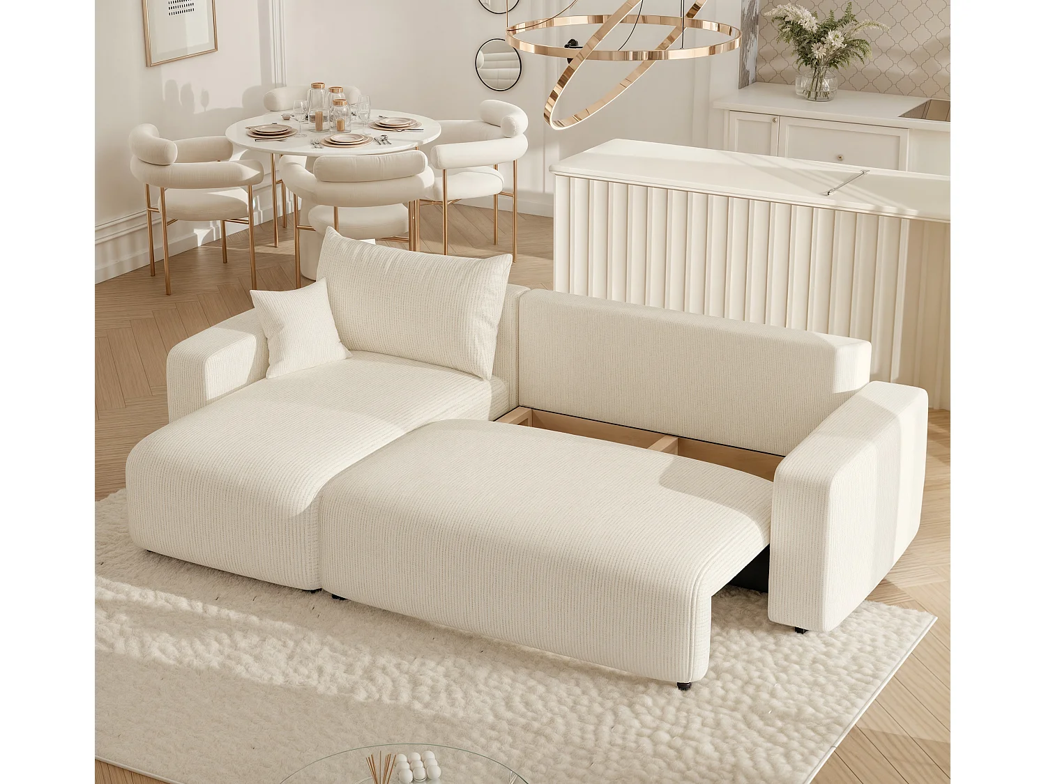 Ecksofa Piano in Beige aus Stoff umwandelbar.