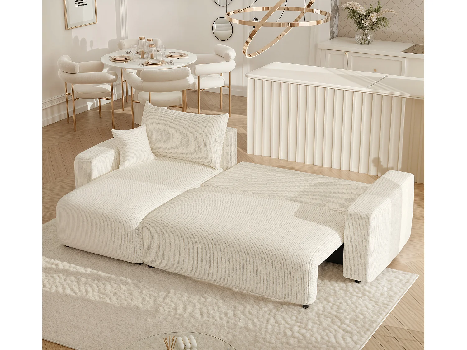Ecksofa Piano in Beige aus Stoff umwandelbar.