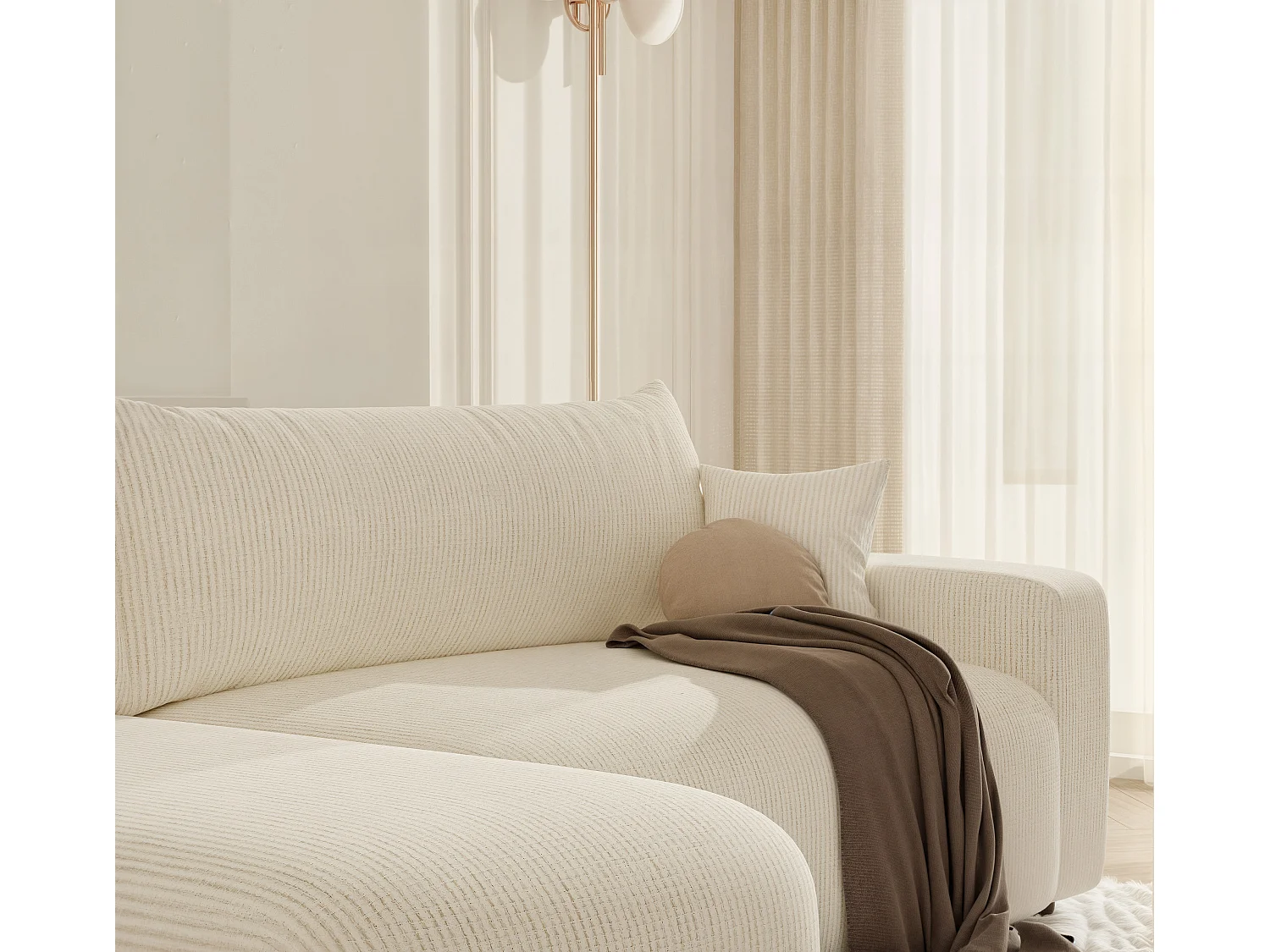 Ecksofa Piano in Beige aus Stoff umwandelbar.