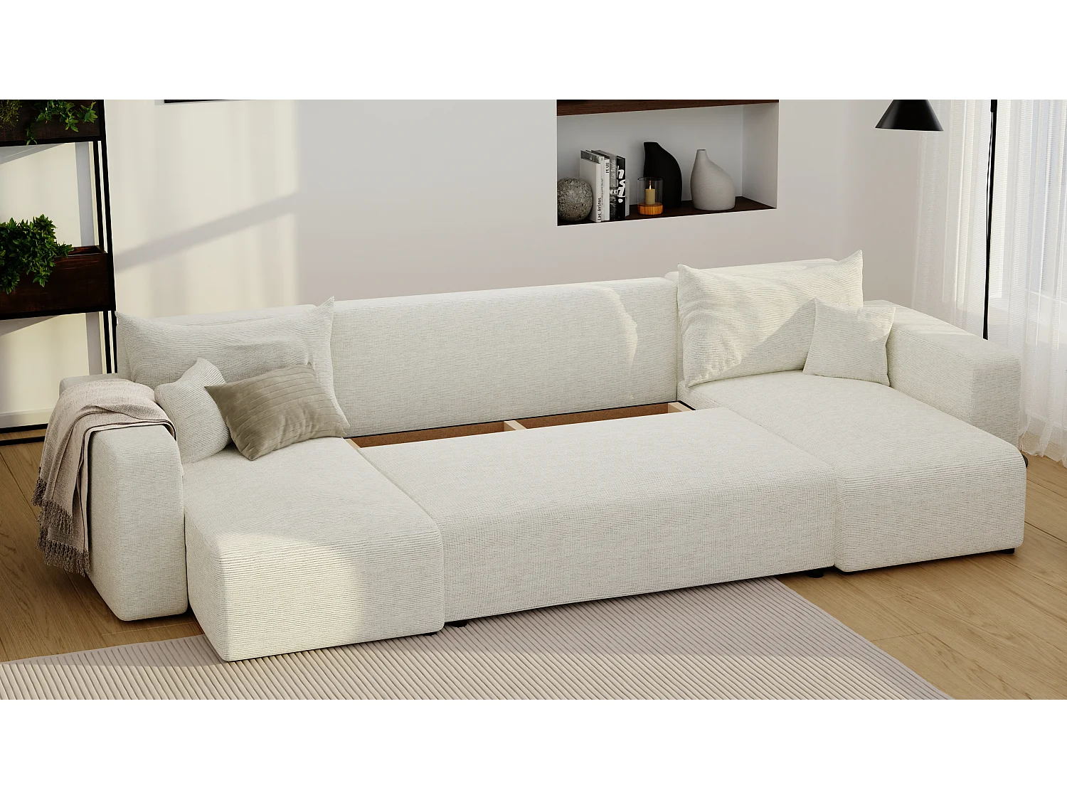 Canapé d'angle Piano U fonction couchage, et tissu Beige