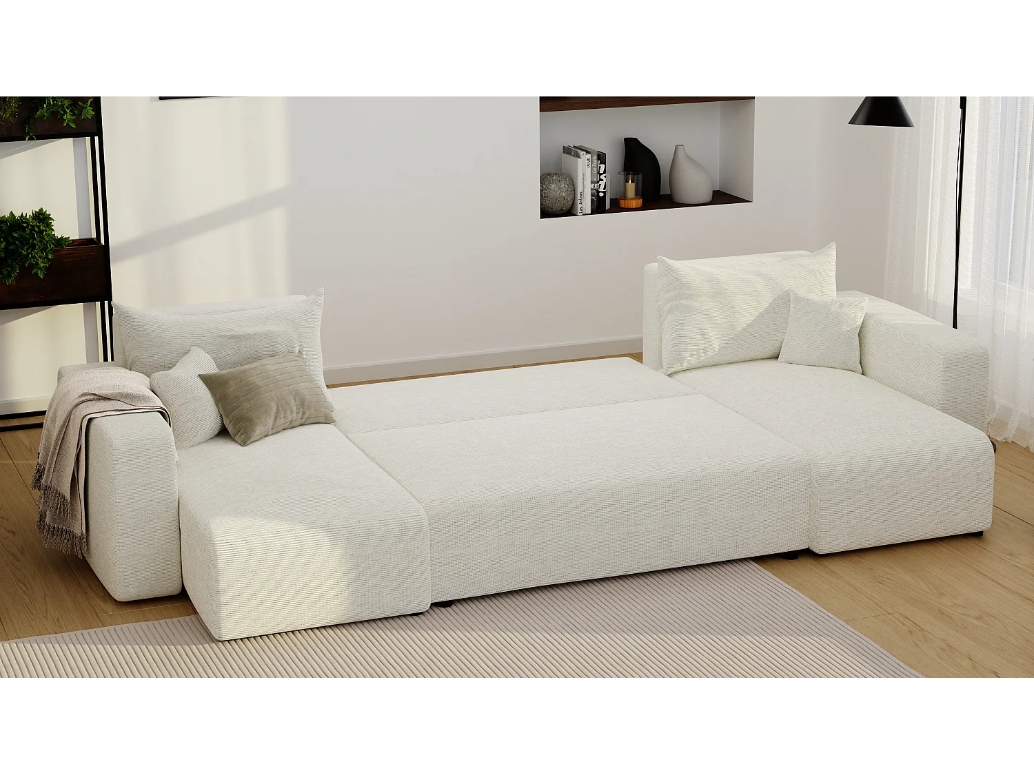 Canapé d'angle Piano U fonction couchage, et tissu Beige