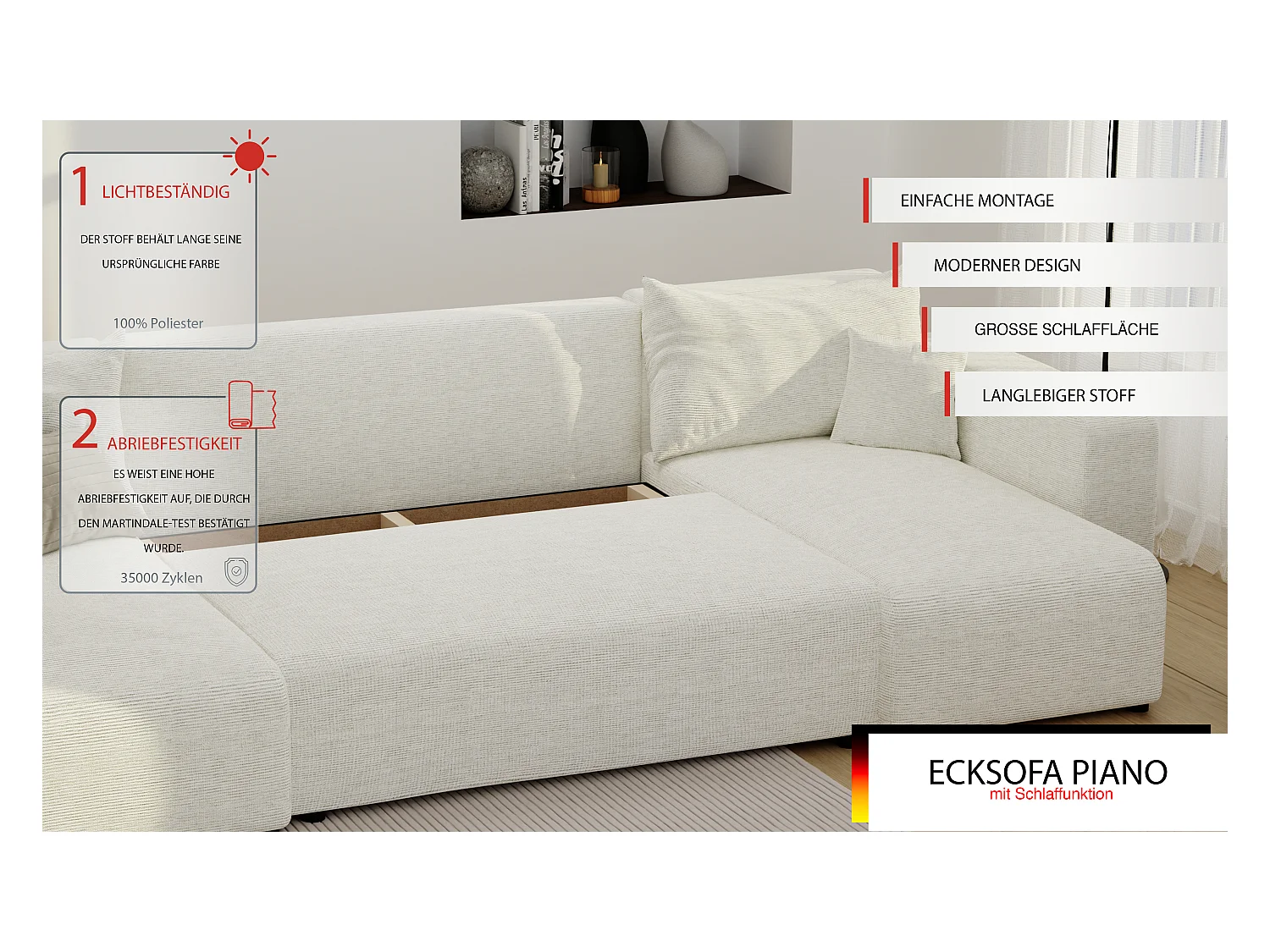 Canapé d'angle Piano U fonction couchage, et tissu Beige