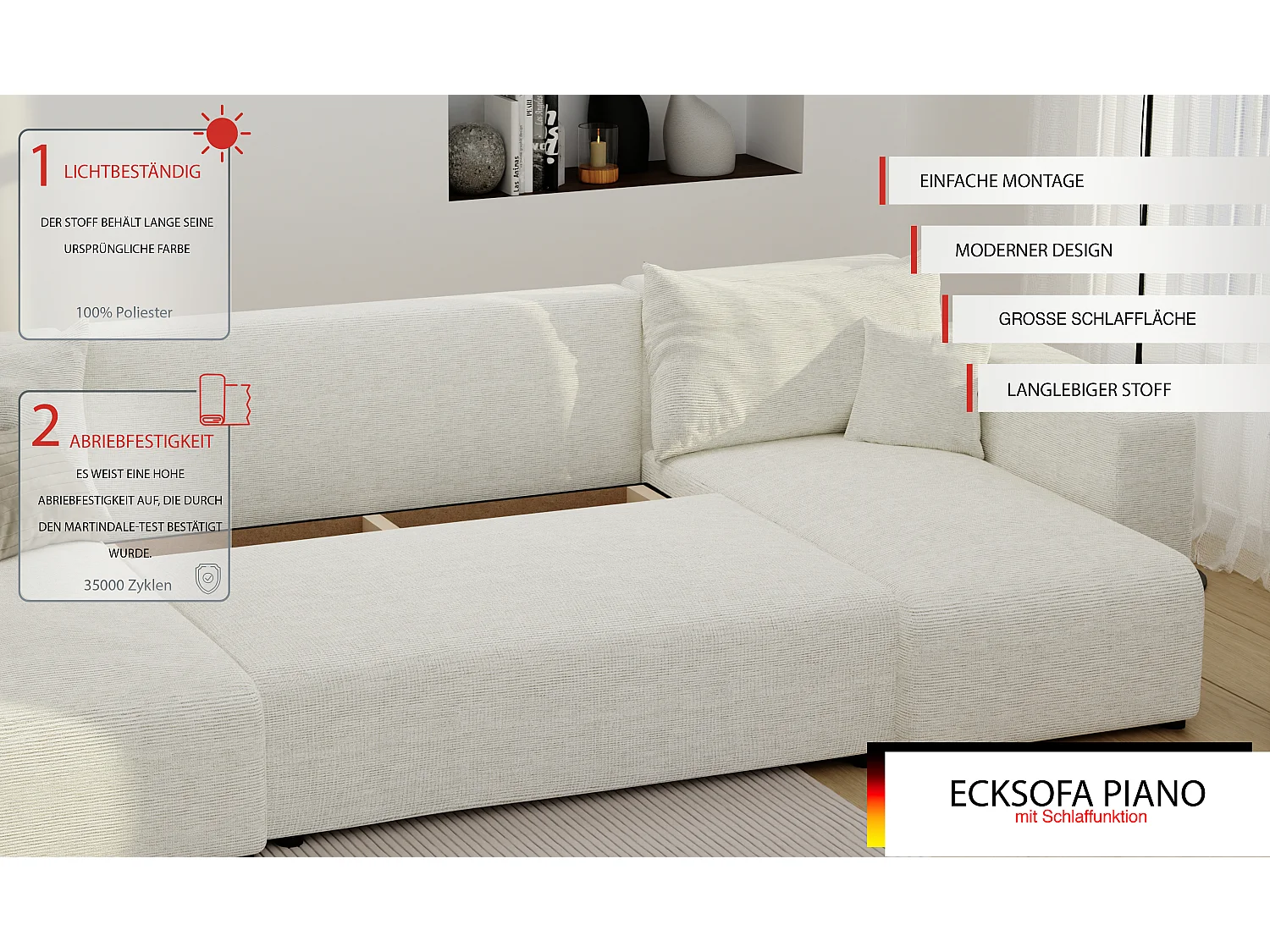 Hoekslaapbank Piano U-functie, en Beige stof