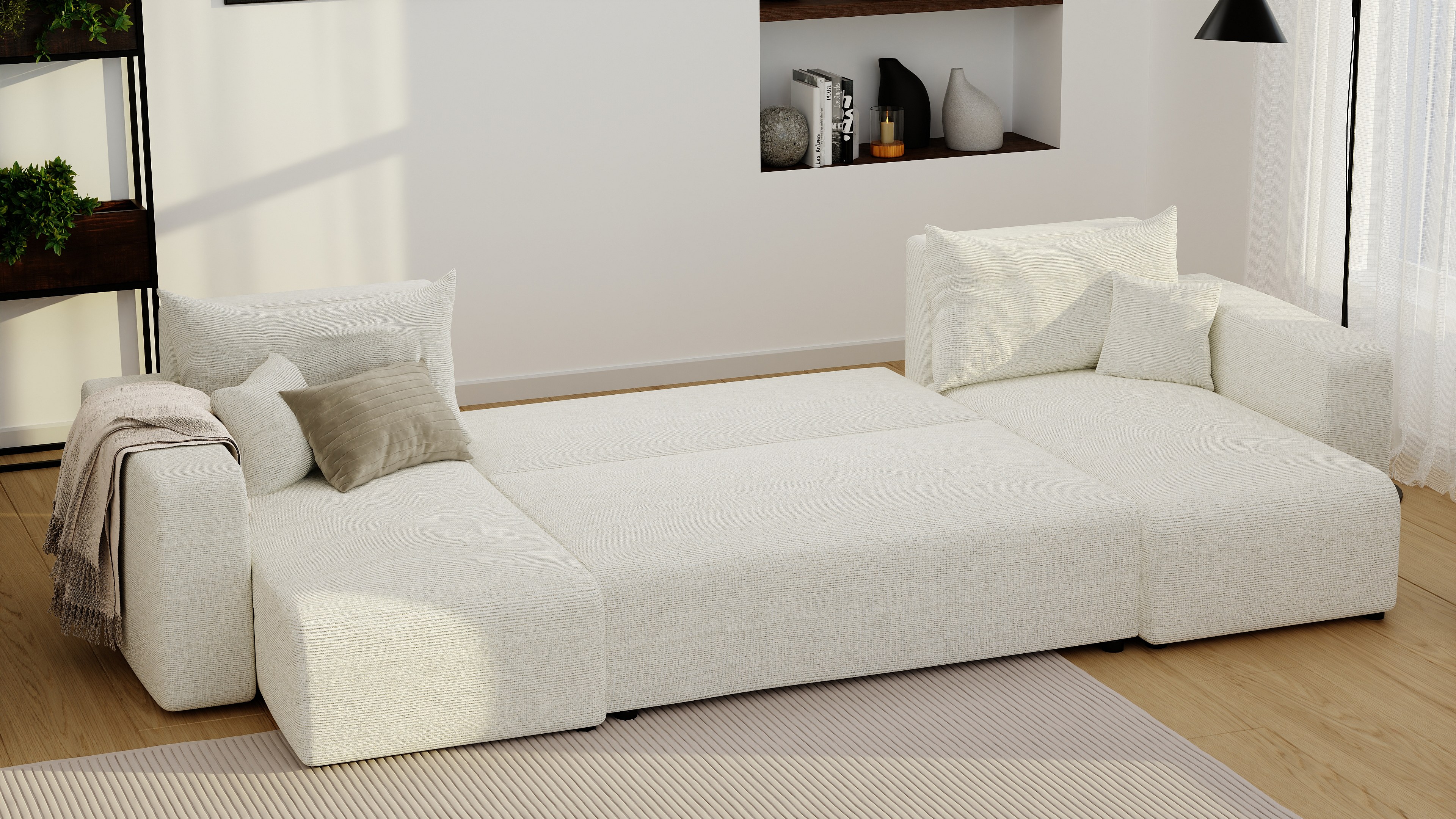 Canapé En U Convertible En Lit - Tissu Coton/lin, Rangement Intégré, 270 Cm, Beige
