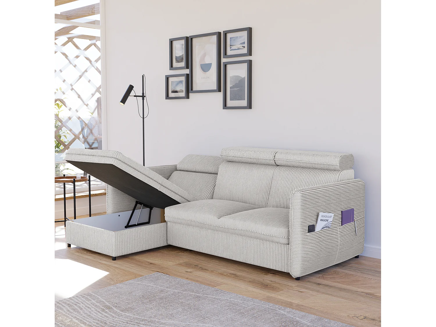 Canapé d'angle Beni réversible convertible en tissu Beige