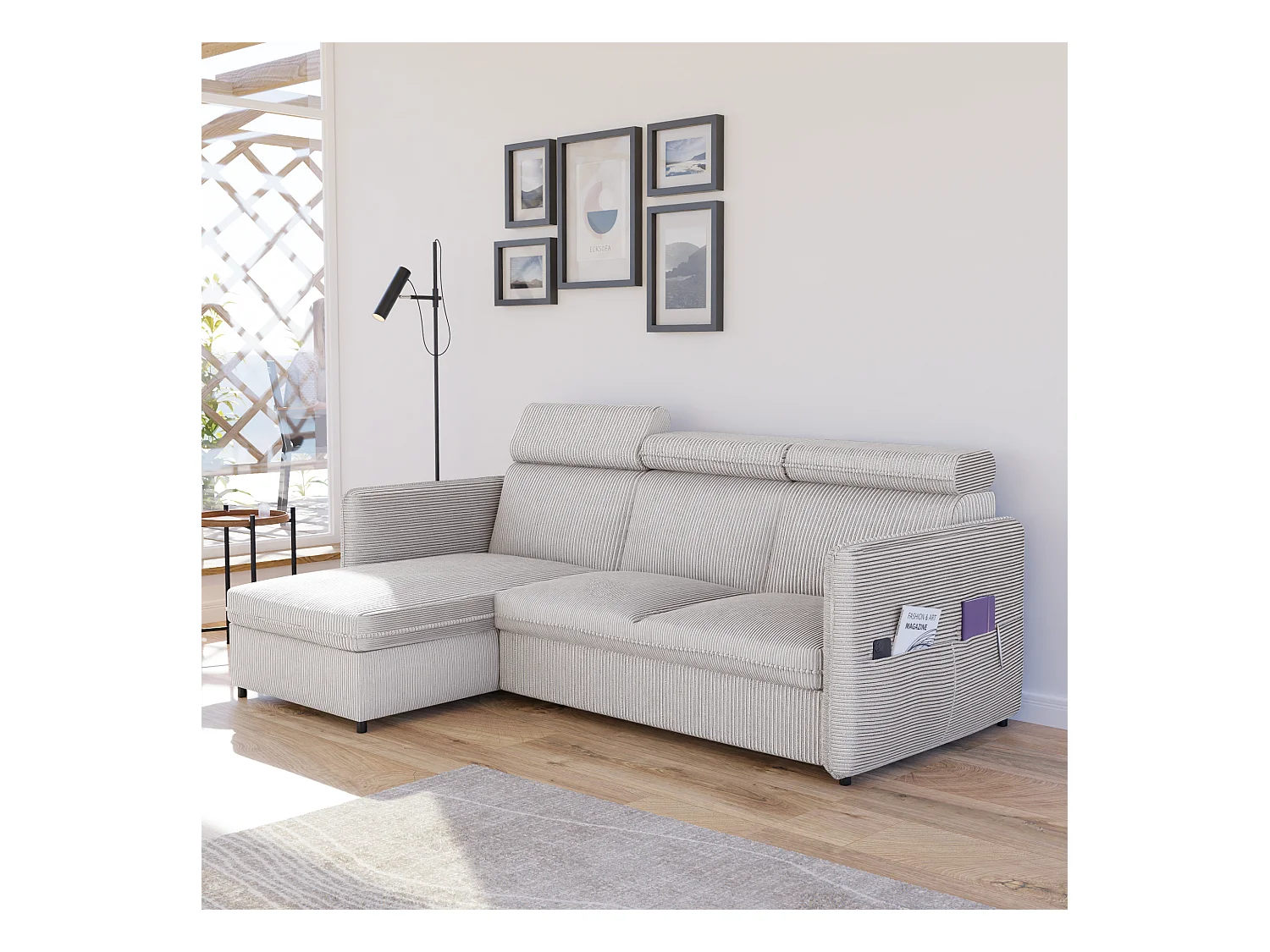 Canapé d'angle Beni réversible convertible en tissu Beige