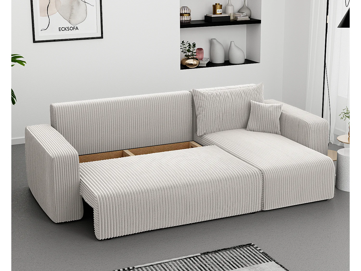 Ecksofa Piano in Beige aus Stoff umwandelbar.