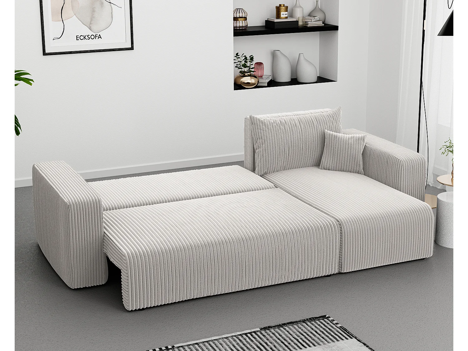 Ecksofa Piano in Beige aus Stoff umwandelbar.