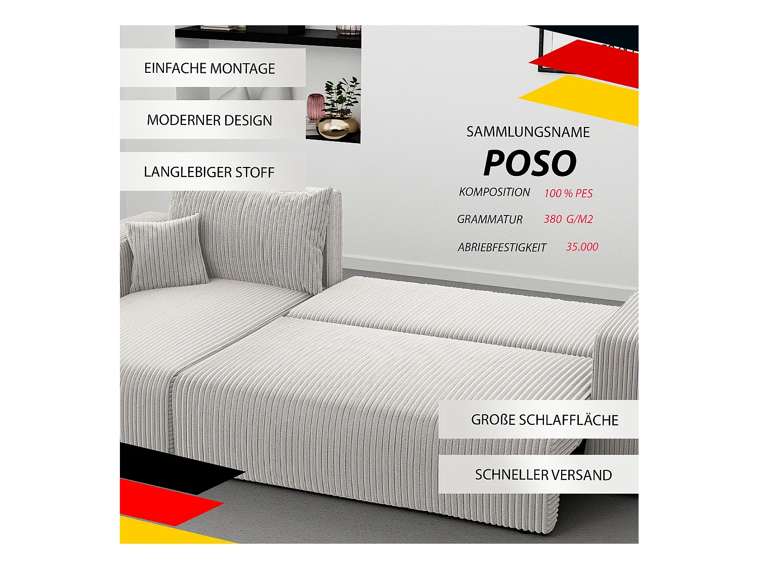 Ecksofa Piano in Beige aus Stoff umwandelbar.