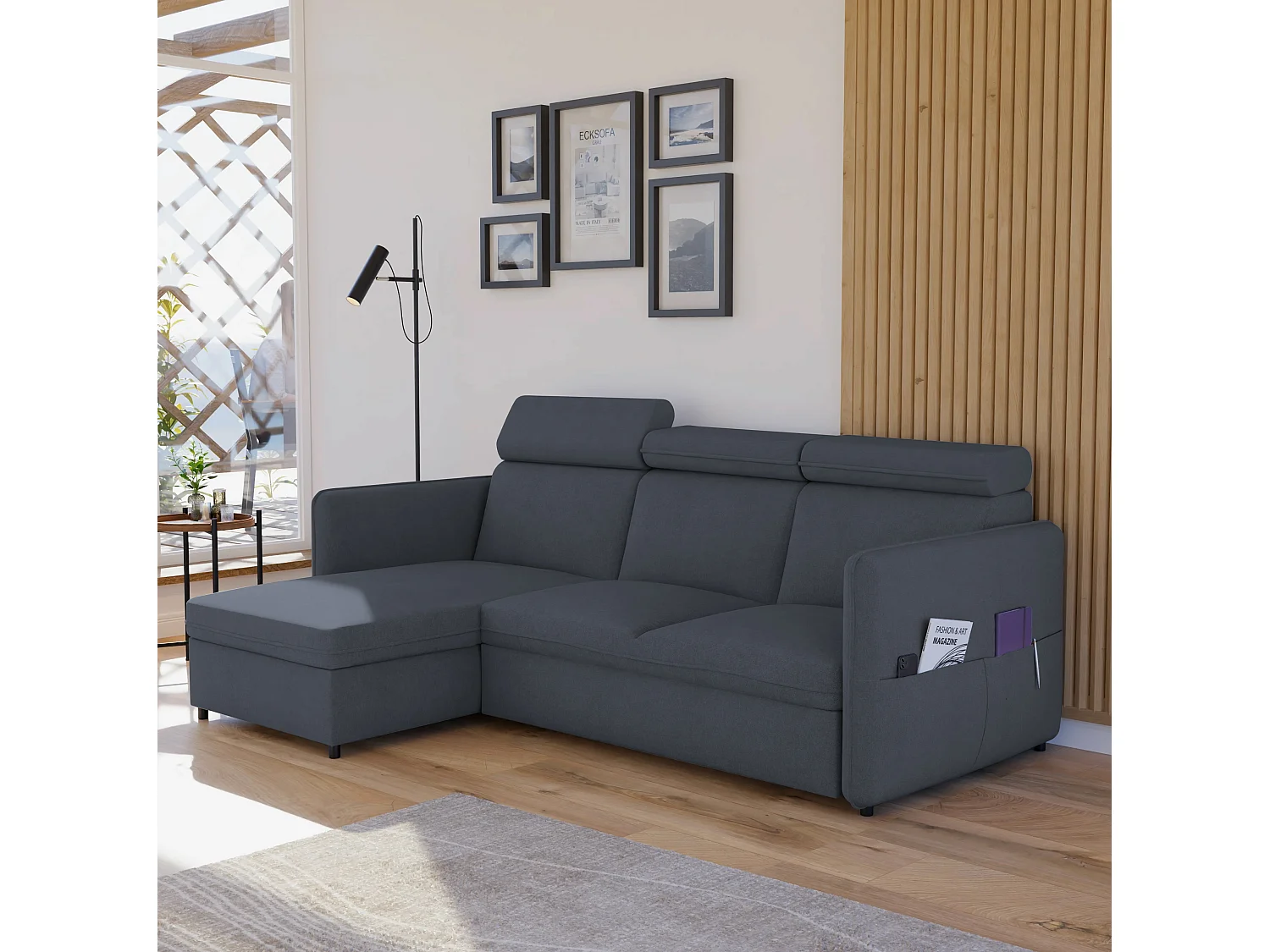 Canapé d'angle Beni réversible convertible en tissu Gris foncé