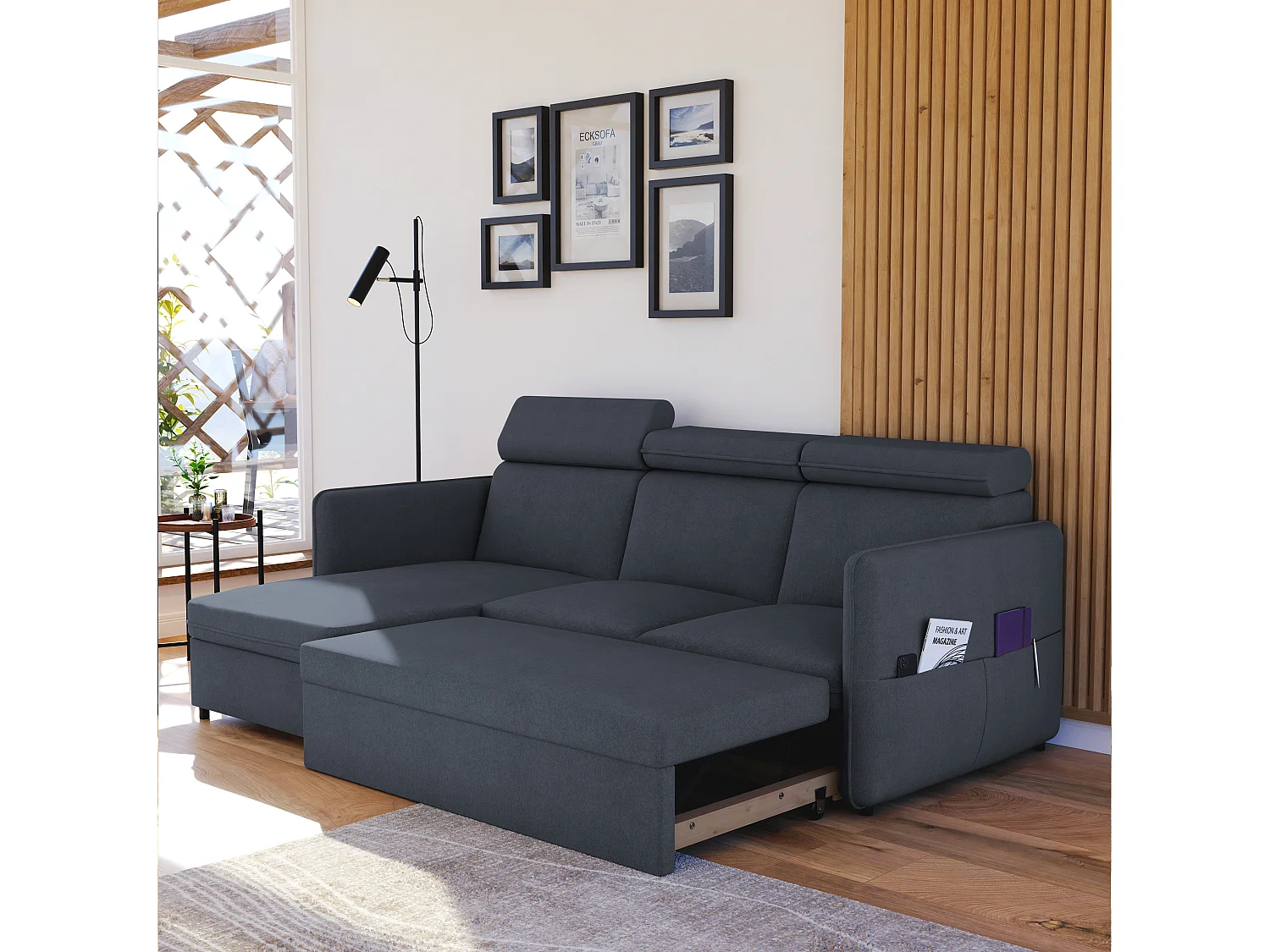 Canapé d'angle Beni réversible convertible en tissu Gris foncé