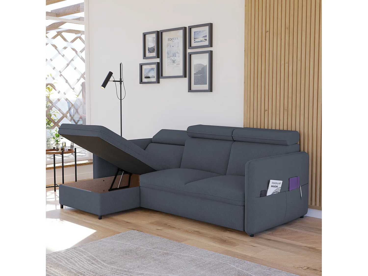 Canapé d'angle Beni réversible convertible en tissu Gris foncé