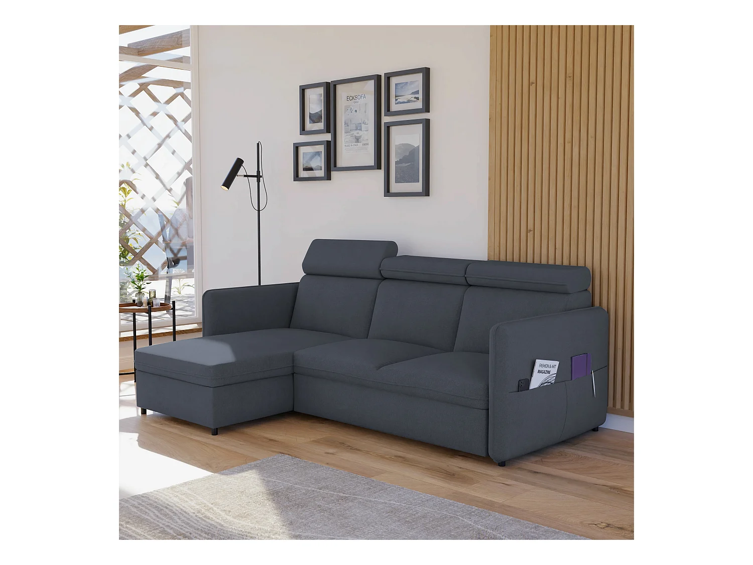 Canapé d'angle Beni réversible convertible en tissu Gris foncé